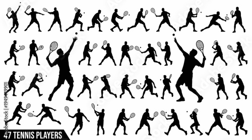 Tennis Player Silhouette Set Showing Serving, Swinging and Playing Actions
