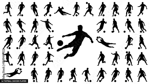 Soccer Player Silhouette Set with Kicking, Dribbling and Goalkeeper Actions
