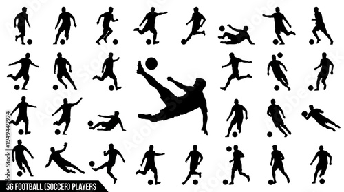 Soccer Player Silhouette Set with Kicking, Dribbling and Goalkeeper Actions