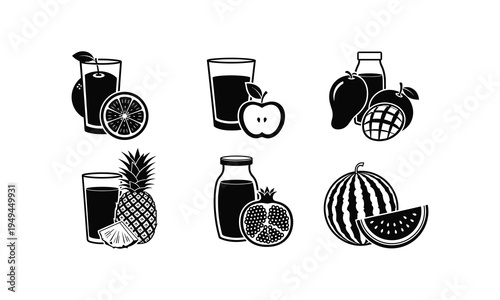 Assorted fruit juices and fresh fruits illustrated in black and white