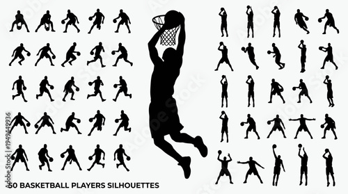 Basketball Player Silhouette Collection with Dunk, Jump and Shooting Actions