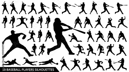 Baseball Player Silhouette Set with Batting, Pitching and Running Poses