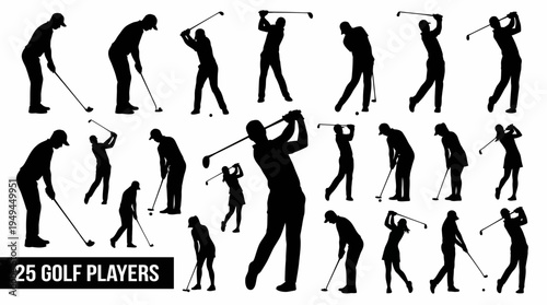 Collection of Golf Player Silhouettes Showing Different Swing Poses