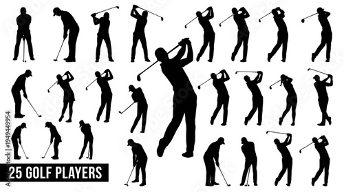 Collection of Golf Player Silhouettes Showing Different Swing Poses