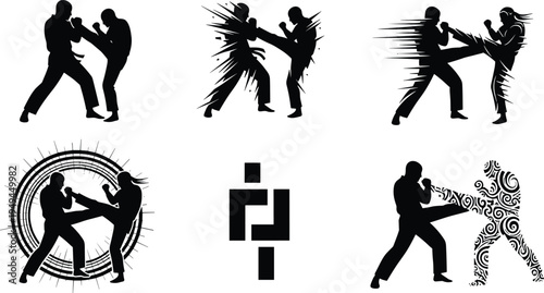 Professional set of martial arts silhouettes featuring fighters sparring with kicks and punches for combat sports training competition and self-defense.