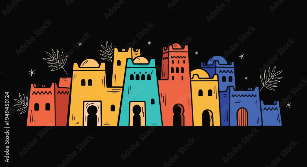 Obraz premium Vibrant North African Kasbah Architecture Illustration on Black Background