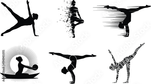 Professional set of gymnastics silhouettes featuring female athletes performing yoga poses handstands and rhythmic floor exercises for fitness and competition.