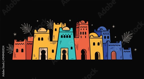Vibrant North African Kasbah Architecture Illustration on Black Background