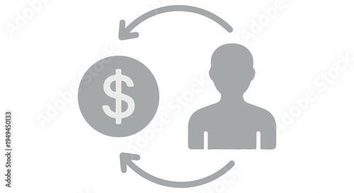 A simple gray icon depicting a person and a dollar sign in a circular exchange