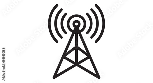A black and white illustration of a radio tower emitting signals