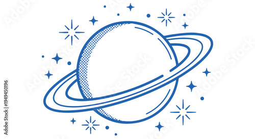 A blue illustration of a planet with rings surrounded by stars and sparkles in space