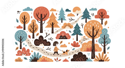 Flat design vector illustration Person walking a dog in an autumn park EPS10 Stock.eps