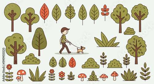Flat Cartoon Nature Element Set with Trees Bushes Mushrooms and Dog Walker EPS10 Stock.eps