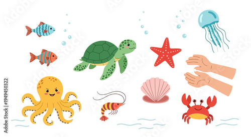 Cute cartoon vector art set of various marine life and human hands EPS10 Stock.eps