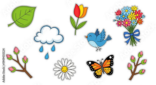 Cute Cartoon Spring Nature Elements and Stickers Collection EPS10 Stock.eps