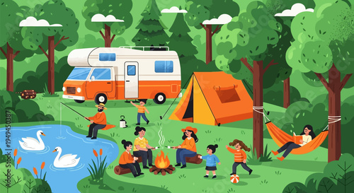 Cheerful Outdoor Family Camping RV Tent Lake Flat Textured Illustration EPS10 Stock.eps