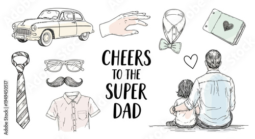 Hand drawn Father s Day set Super Dad child and vintage masculine items EPS10 Stock.eps