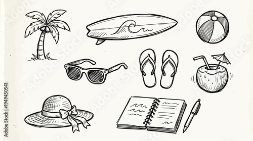 Summer vacation travel beach icons.