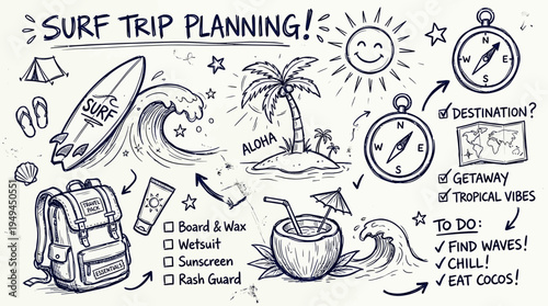 Surf Trip Vacation Planning Illustration.