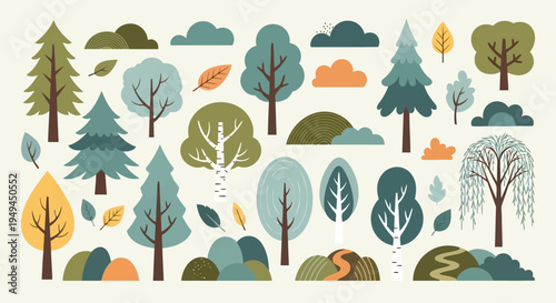 Flat Design Woodland Trees and Nature Elements Vector Set EPS10 Stock.eps
