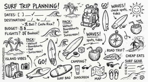 Surf Trip Vacation Planning Illustration.
