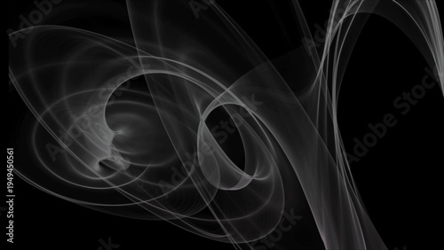 Abstract flowing light curves create elegant translucent smoky waves against a stark black background composition.