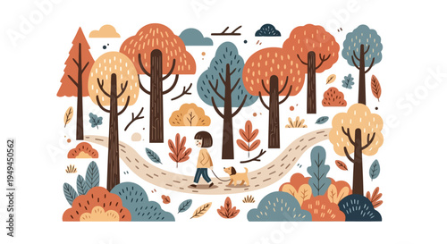 Whimsical flat design illustration girl walking dog in an autumn park EPS10 Stock.eps