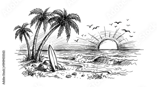 Surfboard on Beach with Palms.