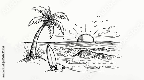 Surfboard on Beach by Palm.