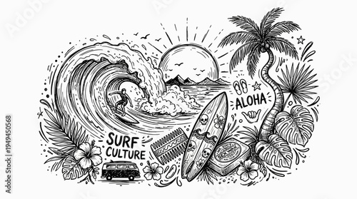 Surfboard with surf culture wave.
