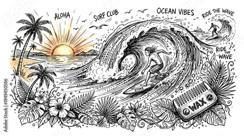 Surfing wave with palm trees.