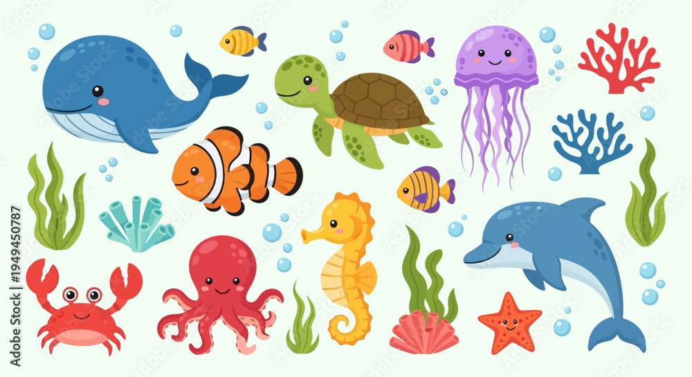 Naklejka premium Happy Cute Cartoon Marine Animals and Underwater Elements Vector Set EPS10 Stock.eps