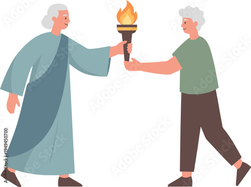 Two old people passing a torch