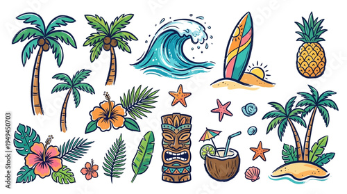 Tropical beach vacation summer icons.