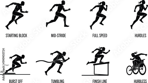 Comprehensive track and field athlete silhouette set featuring starting block mid-stride full speed hurdles burst off tumbling finish line and wheelchair.