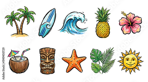 Tropical icons and beach symbols.