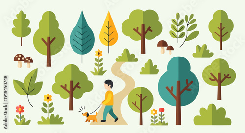 Minimalist Flat Design Vector Illustration of Man Walking Dog in Park EPS10 Stock.eps