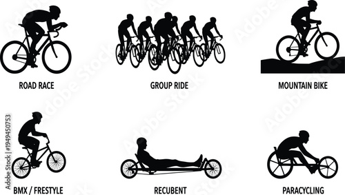 Cycling silhouette icon set featuring road race group ride mountain bike bmx freestyle recumbent and paracycling athletes for sports graphic design.