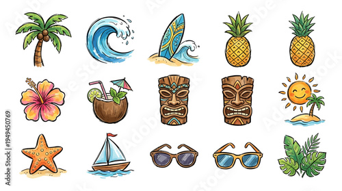 Tropical icons and vacation symbols.