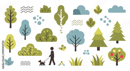 Flat vector nature park elements trees bushes clouds and a person walking a dog EPS10 Stock.eps