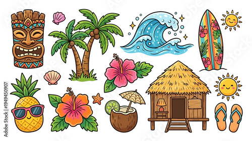 Tropical Vacation Icon Set.