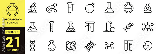 Science and laboratory icon set with chemistry tools, research equipment, biology elements, molecular structures, and high‑ranking scientific illustration components in clean modern line‑art