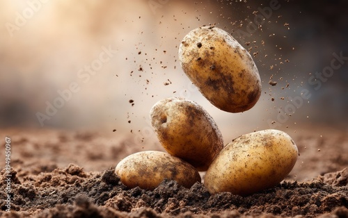 Potatoes Floating Above Dirt in Rustic Farming Scene