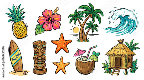 Tropical Vacation Icon Set.