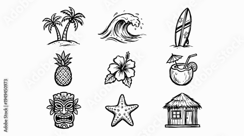 Tropical Vacation Icon Set.