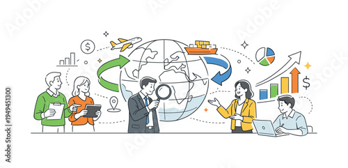 A worldwide economic development concept where professionals review international trade connections and financial flows across continents, expressed through a clear visual metaphor