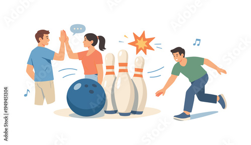 A recreational sports illustration theme representing bowling as a fun social game enjoyed in leisure venues and community gatherings, represented with doodle style bowling pins, a