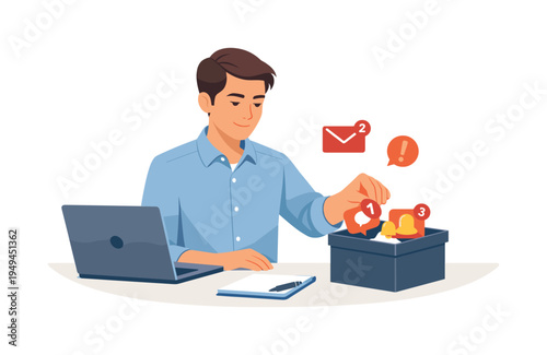 A professional improving concentration in a modern workplace environment, visual metaphor of a calm office worker gently placing distracting floating notification icons into a
