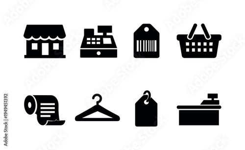 Retail store operations: storefront building, cash register, barcode tag, shopping basket, receipt roll, clothing hanger, price tag label, checkout counter