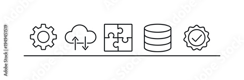 Digital system integration connecting software platforms, data flows, and automation tools to streamline business operations and improve productivity, gear, cloud arrows, puzzle